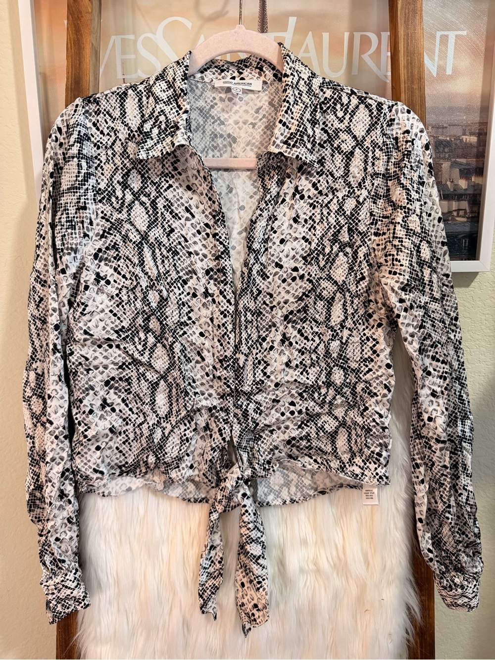 Good American Snake Print Tie Front Blouse Top Black White Size 2